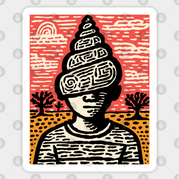 Shell Head – Introverted Spirit Linocut Portrait Magnet by TuncGK